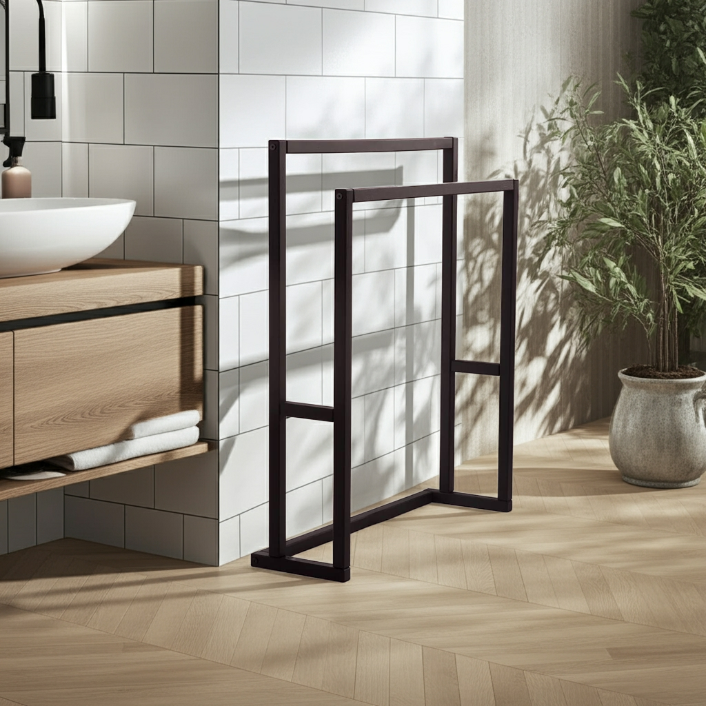 Czarny wolnostojący wieszak na ręczniki z litego dębu. Możliwość personalizacji. edited 2 (3)