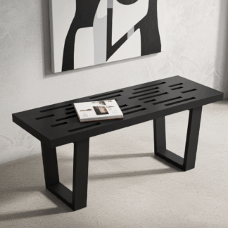 Ławka z ebonizowanego dębu z losowo rozmieszczonymi otworami Japandi Mid Century